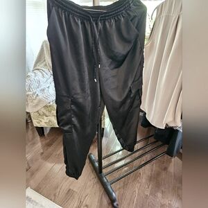 Satin black cargo joggers